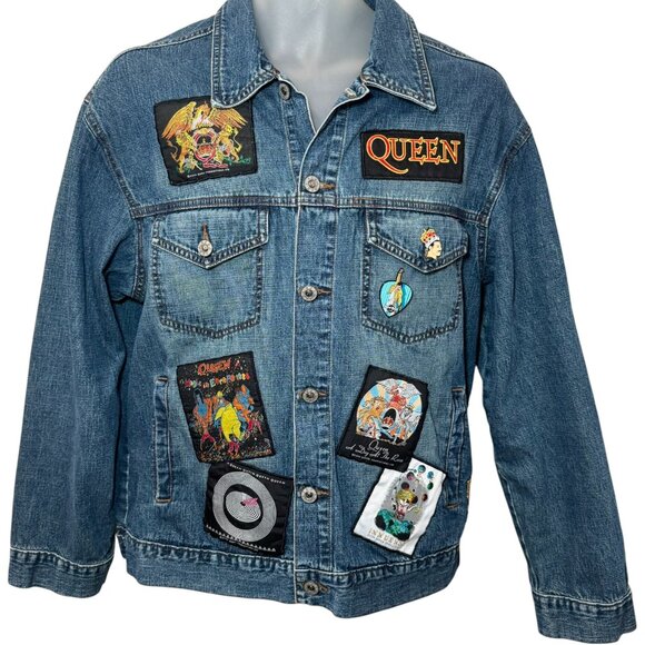 Denim Trucker jacket customized w Queen Freddy Mercury band patches Unisex - Picture 5 of 14